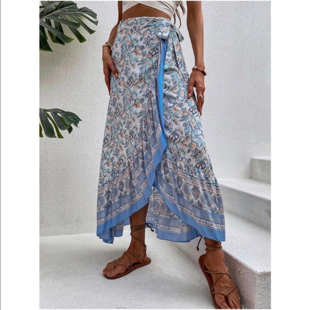 Boho Blue Floral Print Ruffle Wrap Maxi Skirt - Picture 2 of 11